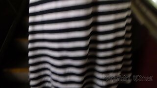 UT_3472#The girl in a long striped dress. I managed to make good upskirt footage, her ass and