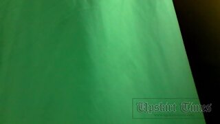 UT_2008#Leggy babe in wide green dress. The upskirt hunter could push his hand up of the skir