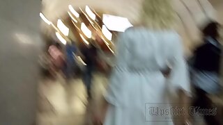UT_4570#I noticed this blonde in a white dress on the way to the escalator. I followed her an