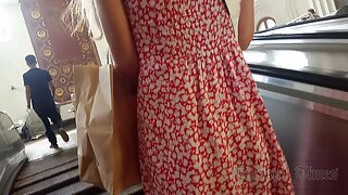 Ut_5797# Under the skirt of a tanned girl in a long red and white sundress. Our cameraman mana