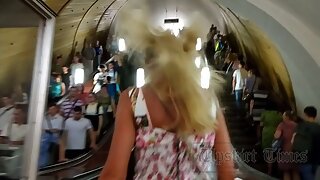 UT_3414#Tanned blonde in a wide sundress. Another beautiful model for upskirt. Round tanned a