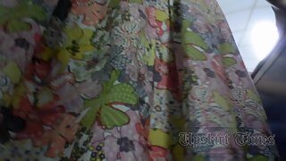UT_2333#Blondie in wide pink skirt. Our upskirt master could push hand up of her skirt and ma