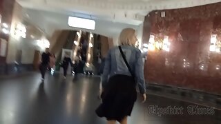 Ut_5950# A blonde in a black skirt gets upskirted. Our cameraman brazenly lifted her skirt and