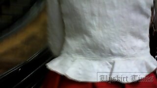 UT_2719#Girlie in wide red skirt. Rare girl upskirt photos in movement. The beauty was going 
