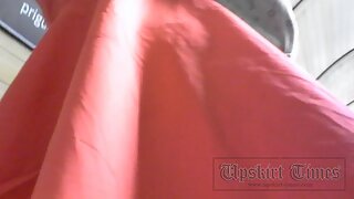 UT_2321#Blondie in wide red dress. The operator could raise her skirt and make really fascina
