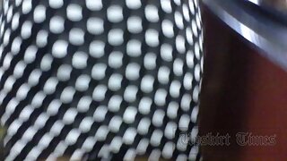 UT_2629#Stunning brunette hottie in narrow black skirt in white polka dot. Our cameraman coul