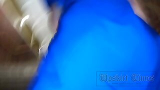 UT_3174#The brunette in a short blue dress. Rare footage upskirt in motion. Pretty up the ste