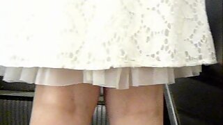 UT_1561#Ginger girl in a short white skirt for my next public upskirt. Beautiful booty in whi