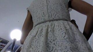 UT_2322#Amazing and so cool-looking brunette girlie in short white dress. One of our upskirt 