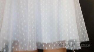UT_3527#Tanned blonde in a wide white skirt. Our operator prepared for a long time and finall