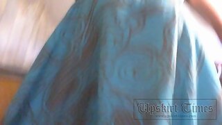 UT_2201#Girlie in long blue sundress. The upskirt hunter could push hand up of her skirt and 