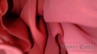 UT_2330#Gal in wide pink sundress. Our operator was digging into folds of her skirt for a lon