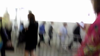 UT_2673#Chick in wide black-and-white skirt. Our operator could push hand with camera up of h